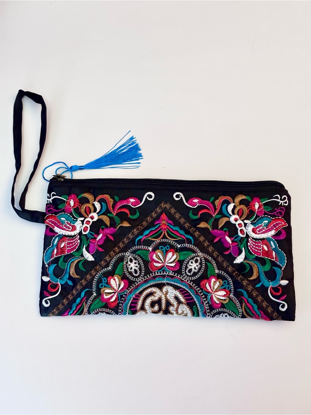 Bohemian Hand Embroidered Black Floral Wristlet Clutch with Blue Tassel